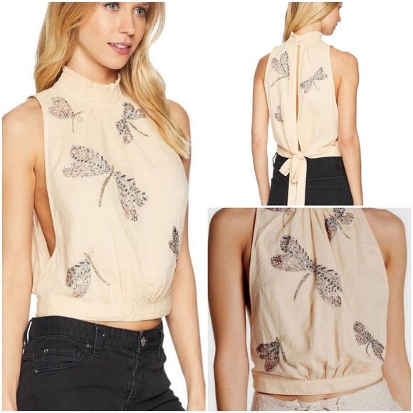 🩵NWT Free People Peach "The Garden" Dragonfly Sequin Sleeveless Top Medium - Picture 3 of 12